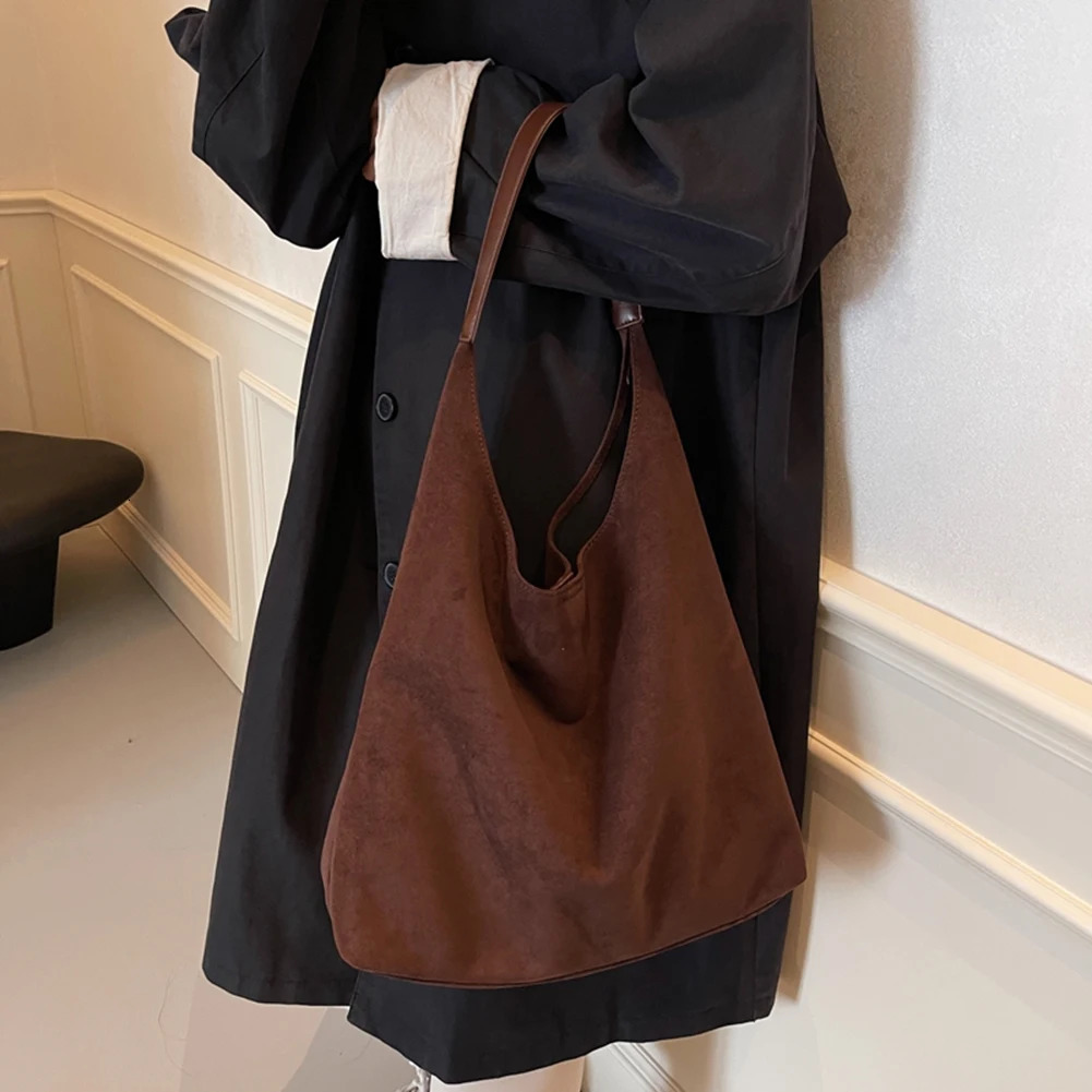 Ship from US Women Suede Bucket Bag Ladies Large Capacity Retro Handbag Trendy with Pocket Shoulder for Girls Work Travel Shopping 250227FBB