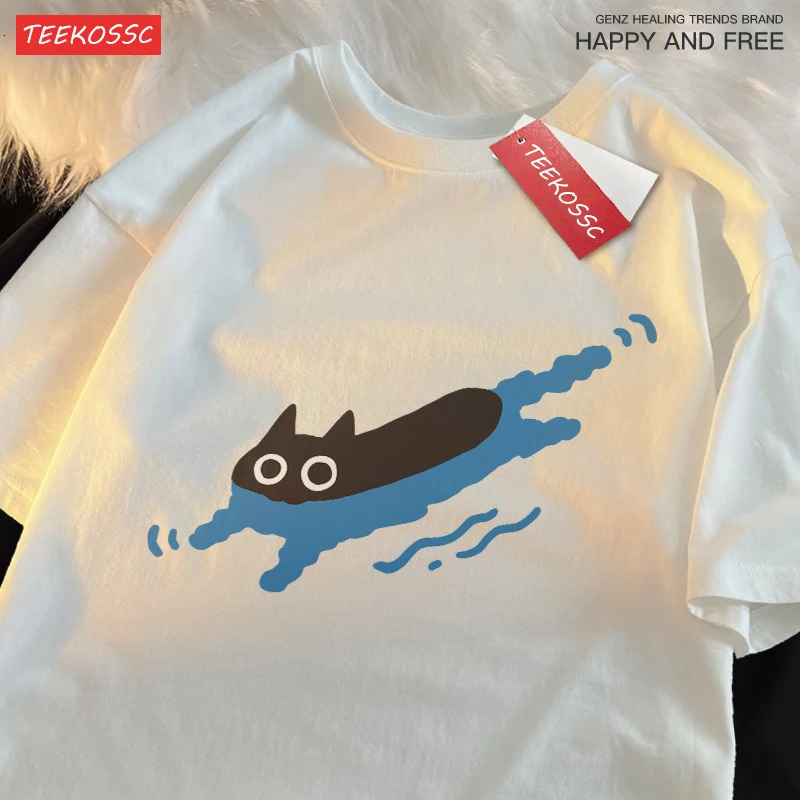 Couple Tees Swimming Black Cat Diving Shoulder Short Sleeved T-shirt For Men Women Breathable Casual Pure Cotton Loose Tops 250227
