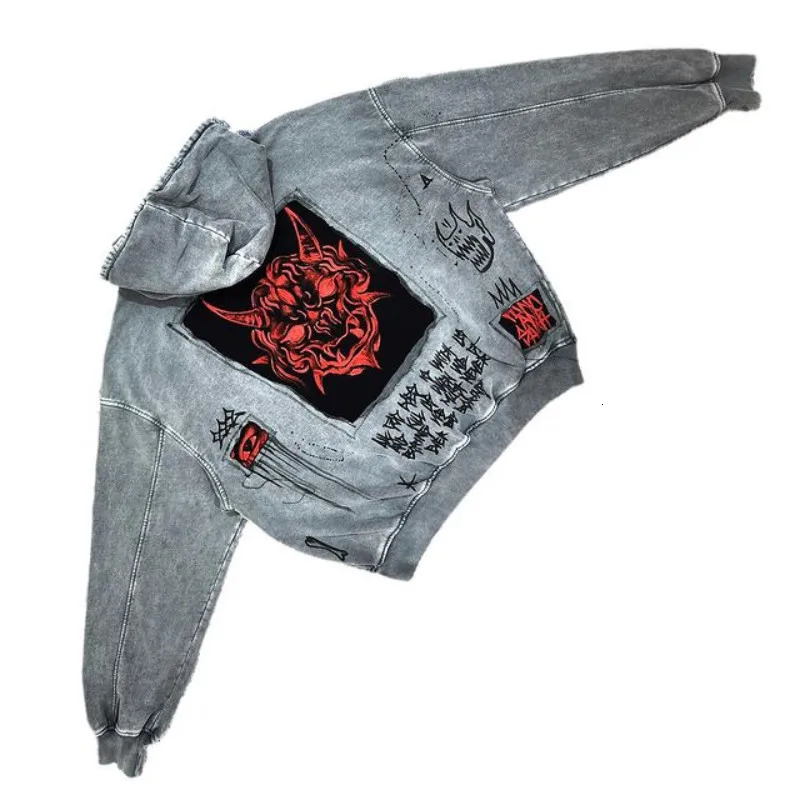 American Y2K heavyduty washed retro devil print street high dark Harajuku neutral loose hooded sweater 250226