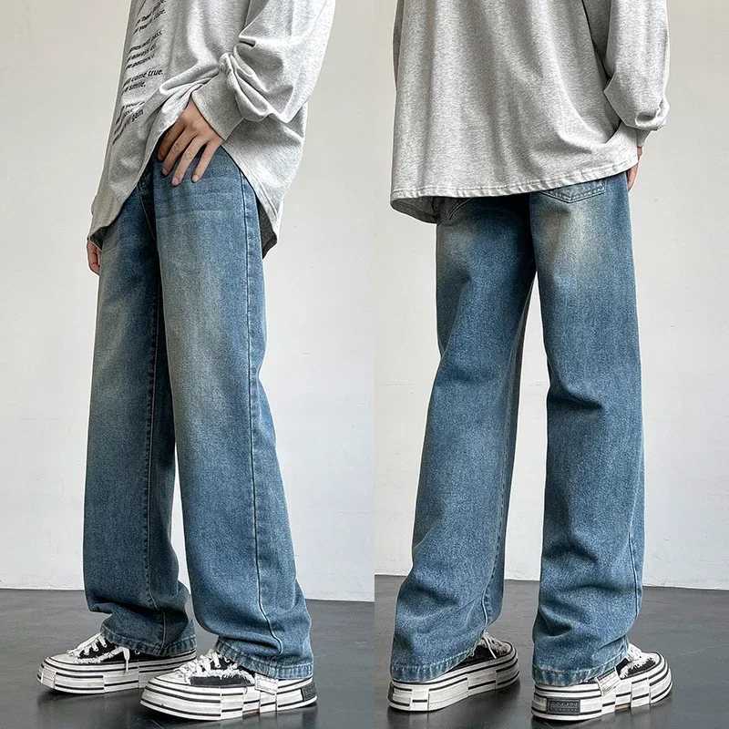 New 2025 Korean Style Mens Casual Long Jeans Classic Straight Denim Wide-Leg Pants Solid Colors Light Blue Grey Black up to 3XL X250227