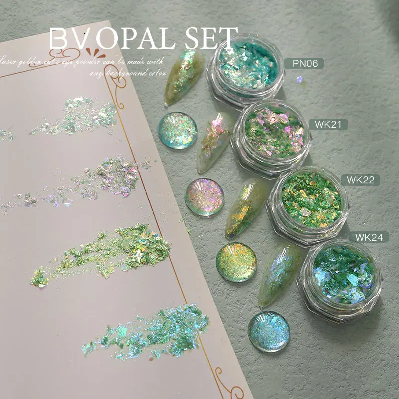HNDO Green Color 4 Pcs Set Opal Powder Glitter Nail Art Decoration Flakes Iridescent Pigment Dust for Manicure n 250227