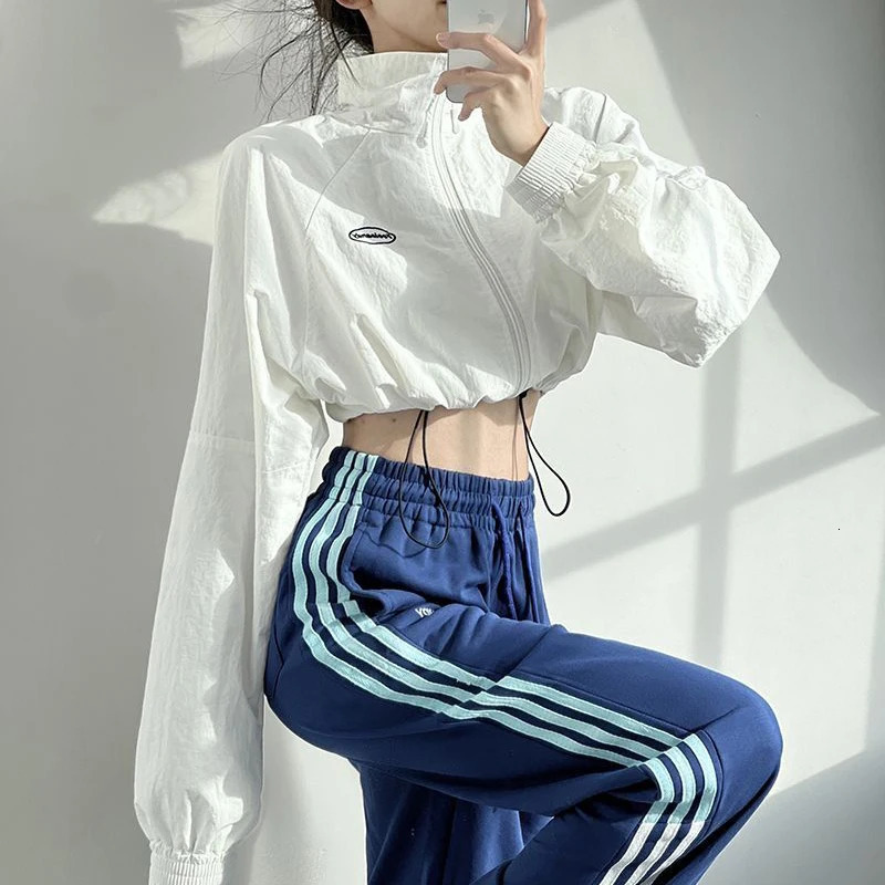 American Zipper Cut Jacket Womens Drawstring Sports Jazz Long Sleeve Top Waterproof Harajuku Y2K Fashion Loose Hip Hop 250227