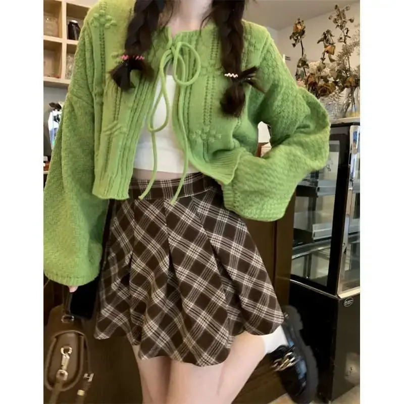 WoVanyi Realistic Pricing In Stock Green Tied Knitted Open cardigan Womens Cutting Autumn Lantern Sleeve Sweater 250225