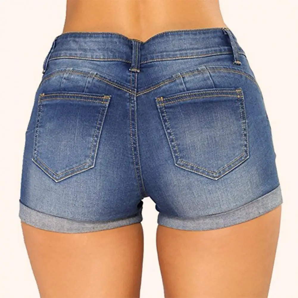 Denim Shorts Women Jeans Ripped Mid Waist Solid Color Soft Short Jeans Casual Slim Fit Shorts Summer 250227