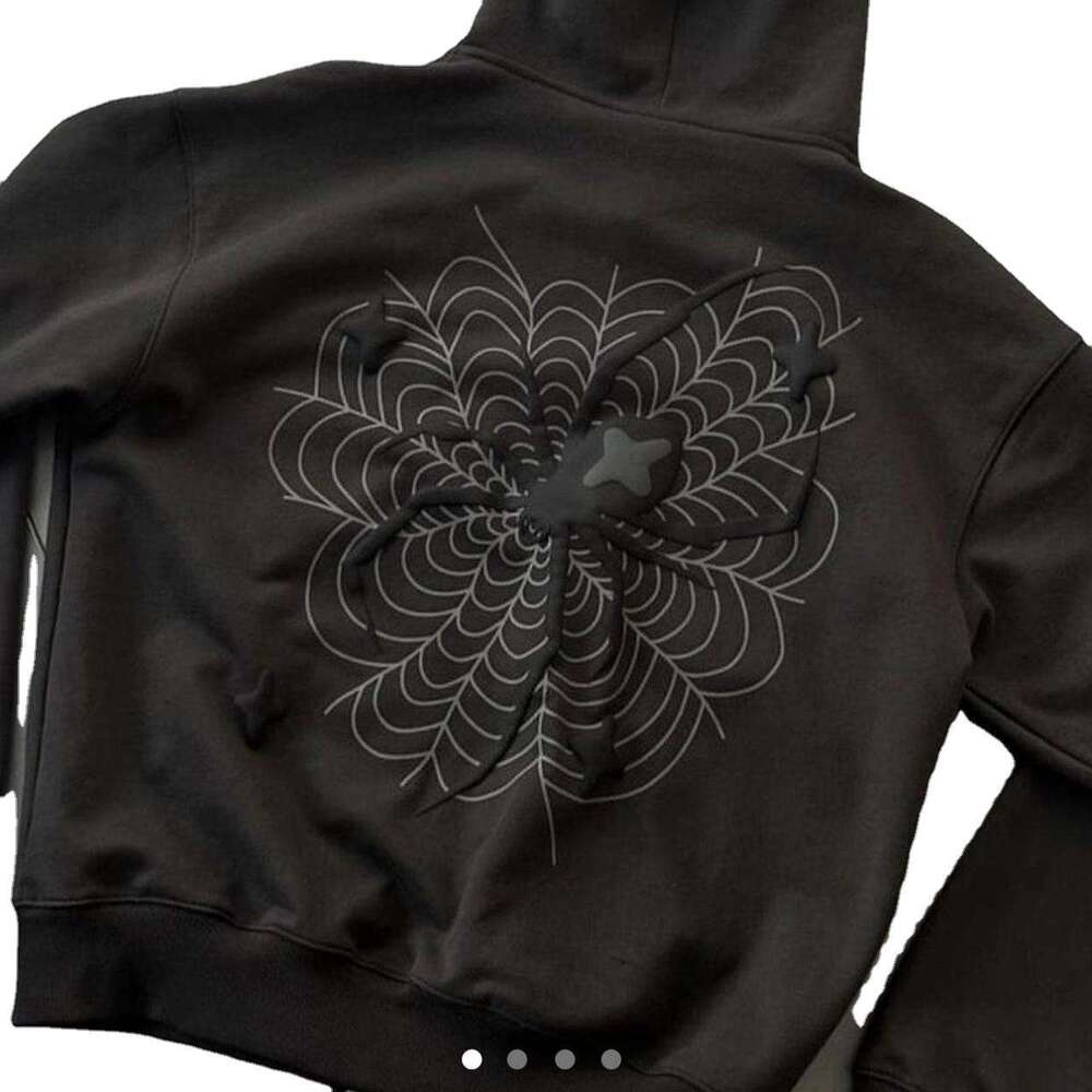 American medium to long hoodie, loose spider web for autumn and winter, foam printed couple's lazy jacket