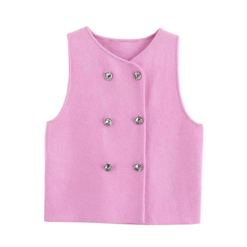 TRAF Knit Sleeveless Vest Woman Fashion Pink Knitted Cropped Female Double Breasted Summer Top In Short Coats 250226