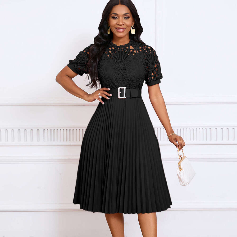 D499 European and American women's short sleeved lace patchwork pleated formal dress 2025 new style temperament chic elegant clothing