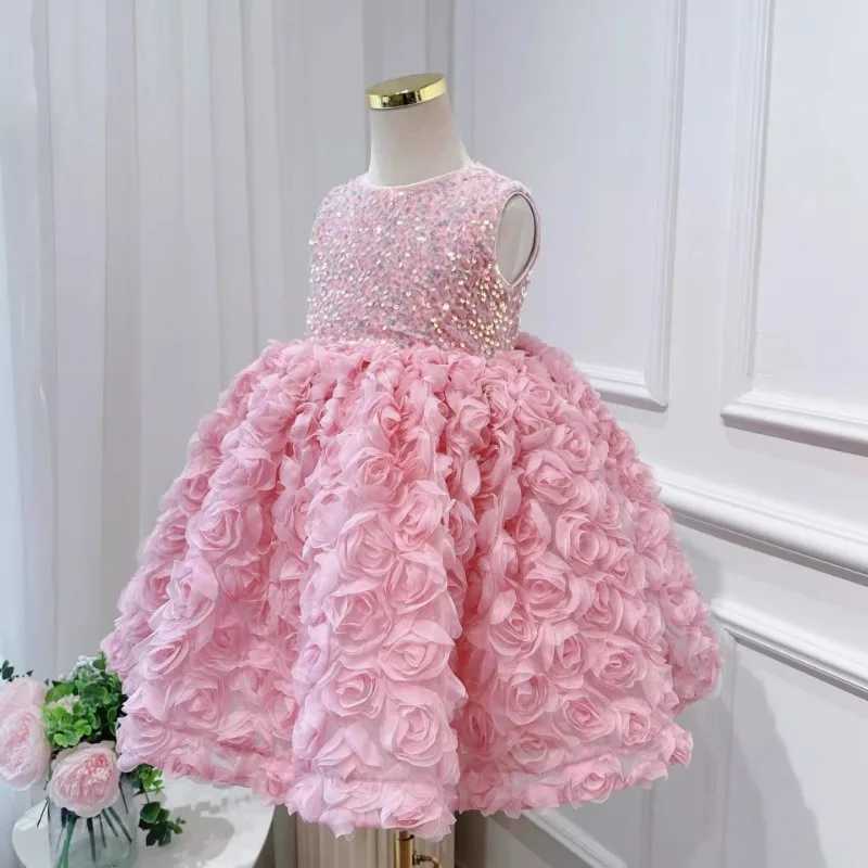 Girl's Dresses Girls Dress 2024 New 3D Rose Princess Dress Sweet Wind Puffy Dress Performance Host Flower Girl Dresses Y250227B9VU