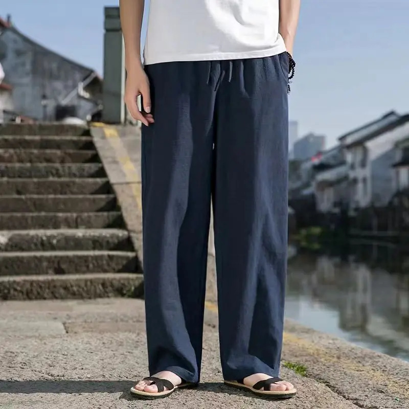 2025 Summer Casual Linen Pants For Men Loose-fit Straight-leg Cropped Pants Chinese Style Summer Thin Cotton Linen Trousers 250227