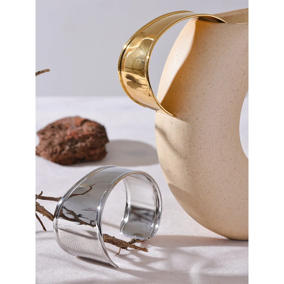 Yhpup High Quality Stainless Steel Metal Wide Cuff Open Bracelet Bangle Waterproof Texture Personalized Unisex Jewelry Bijoux 250227