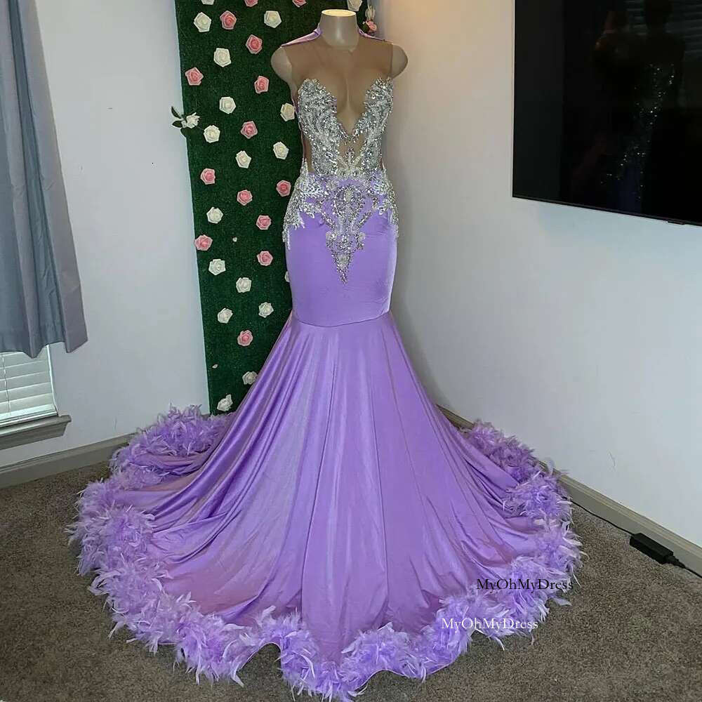 Prom Dresses 2025 For Black Girl Sheer O-Neck Sparkly Dia Feather Mermaid Party Formal Evening Gowns 0227Lz