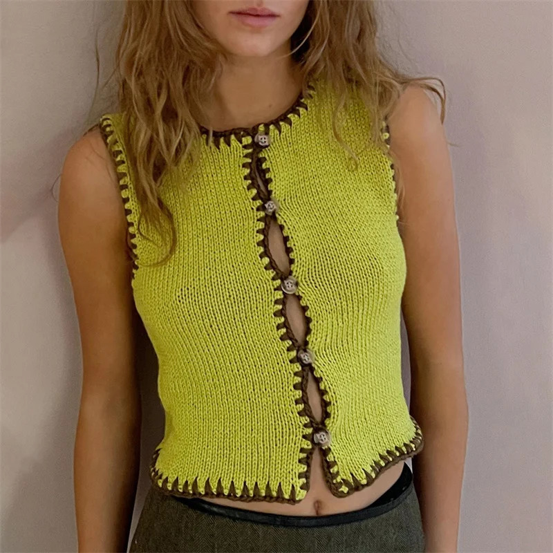 Womens Sweater Vest y2k Women Contrast Color Round Neck Single Breasted Sleeveless Cardigan Crop Top 2000s Clothing Streetwear 250225