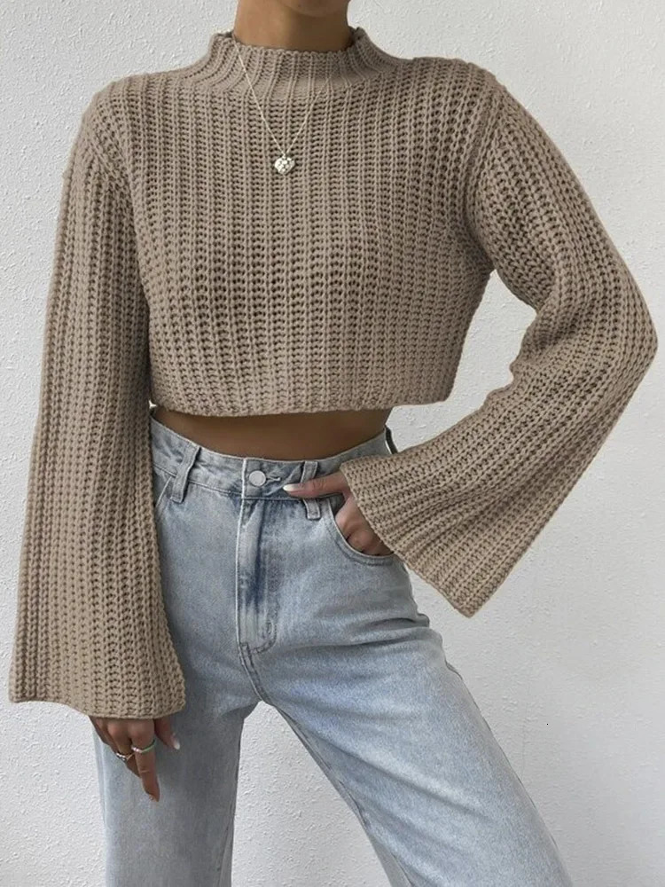 Korean Style Solid Cropped Sweater Women Vintage Oversize Knit Jumper Fmale Autumn Long Sleeve Oneck Pullovers Tops 250225
