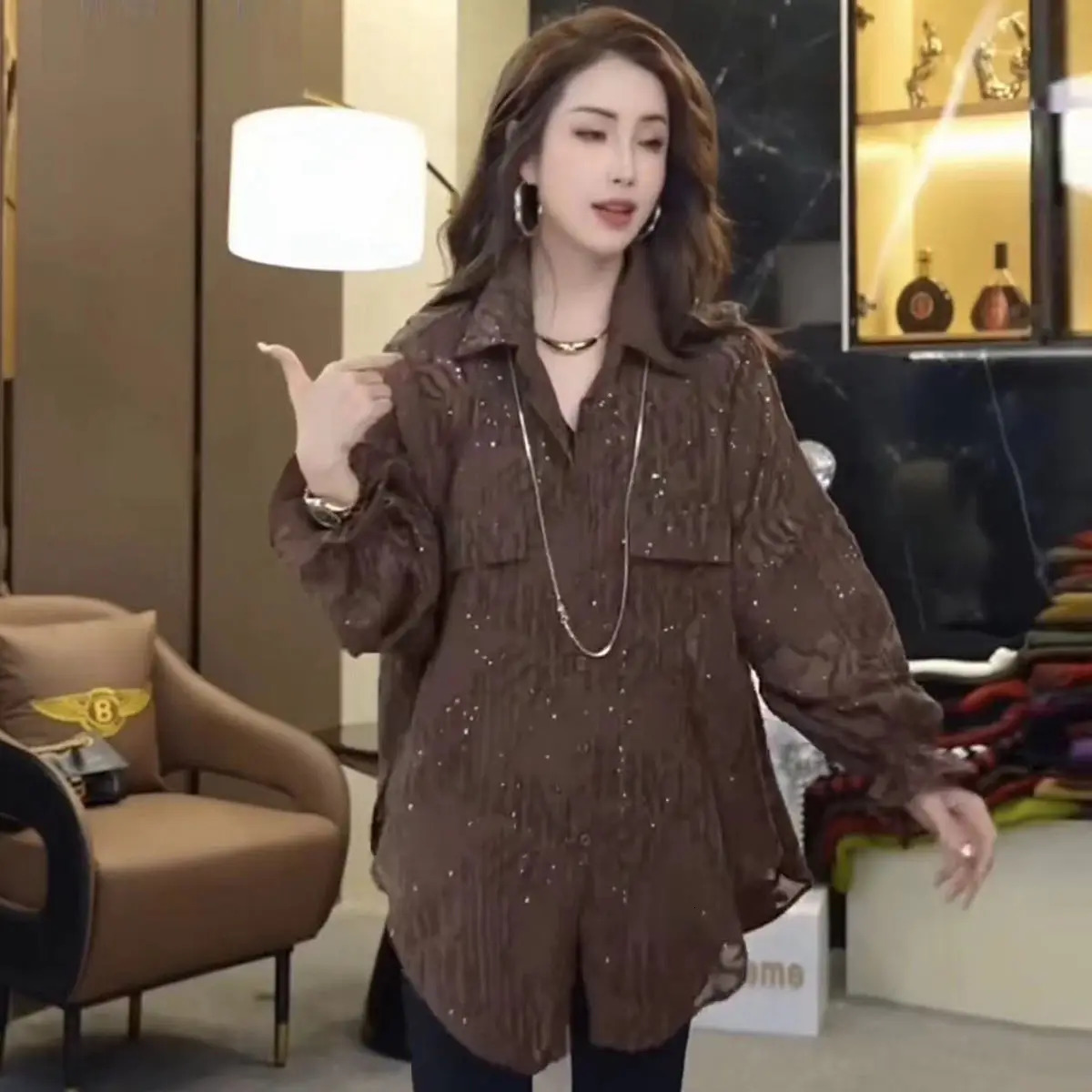 2025 Spring and Summer Star Prints Fashionable Hollow Loose Casual and Versatile Long-sleeved Shirt for Women 250226