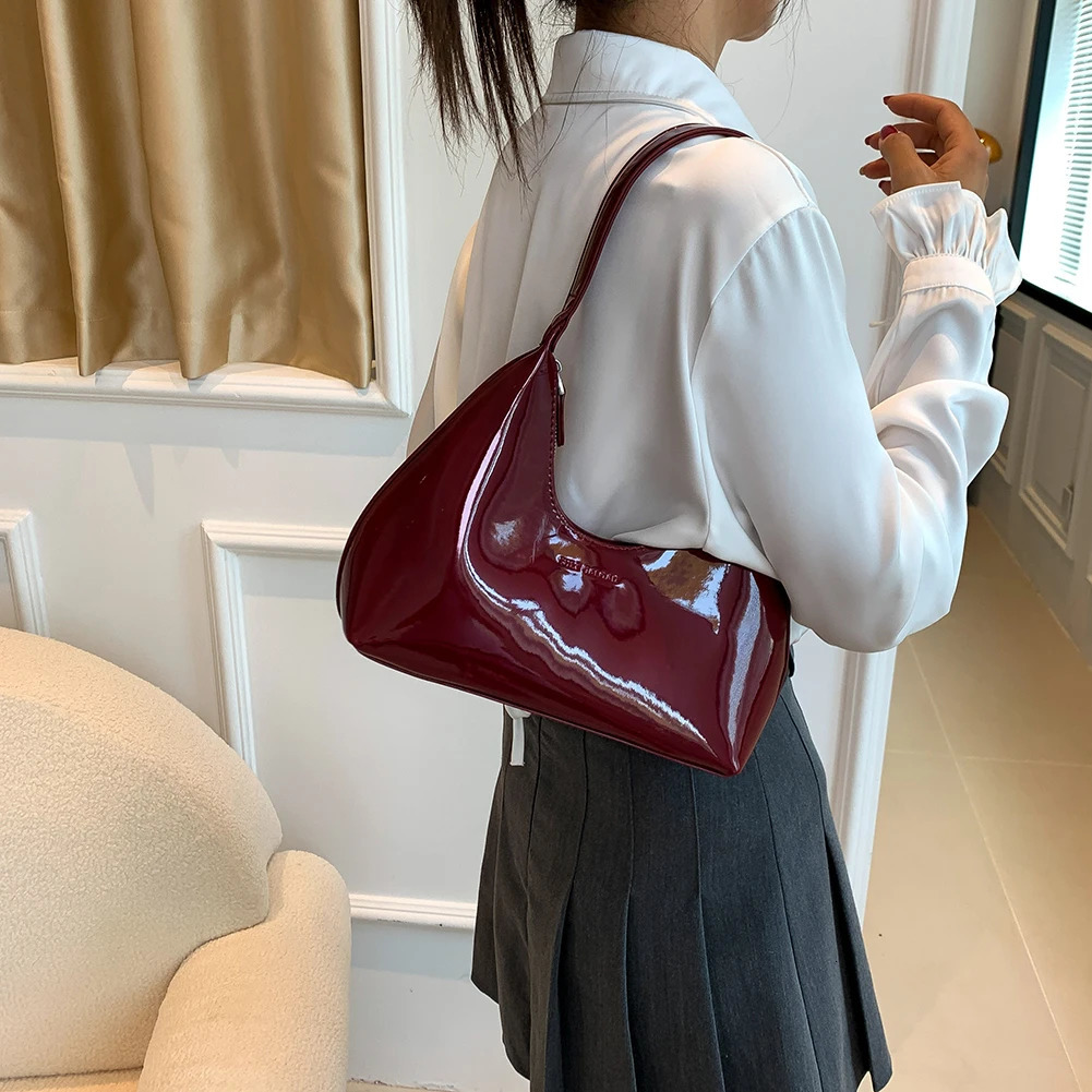 Ship from US Women Patent Leather Tote Bag Crescent Versatile Fashion Shoulder Casual Underarm Zipper Armpit Dating Purse 250227FBB
