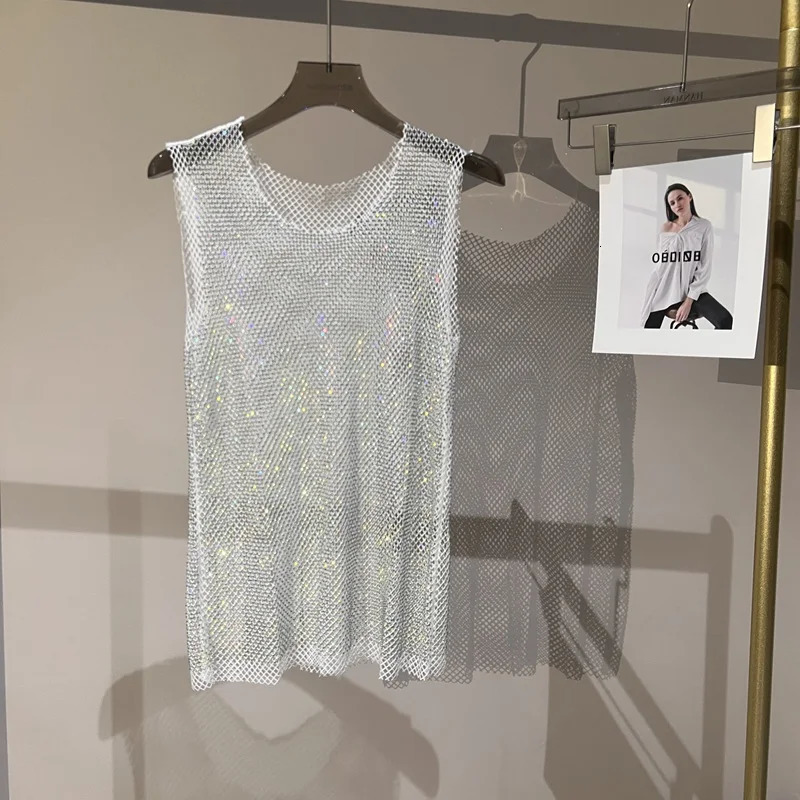 Women Men Crystal Rhinestones Shiny Sexy Y2K Tank Tops High Quality Party Club Sexy See Through Mesh Hollow Out Diamond shirt 250226