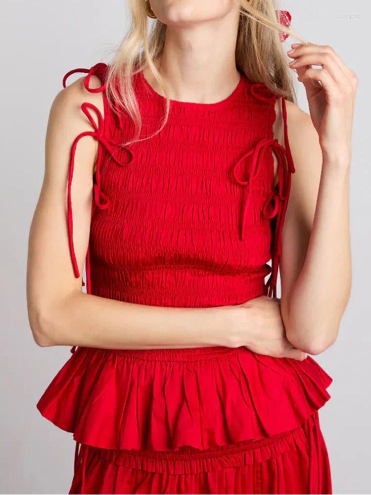 Women's Tanks 2025 Lace-up Sleeve Shirts For Women Fashion Red Round Neck Pleated Hem Pullover Spring Female High Street Tops