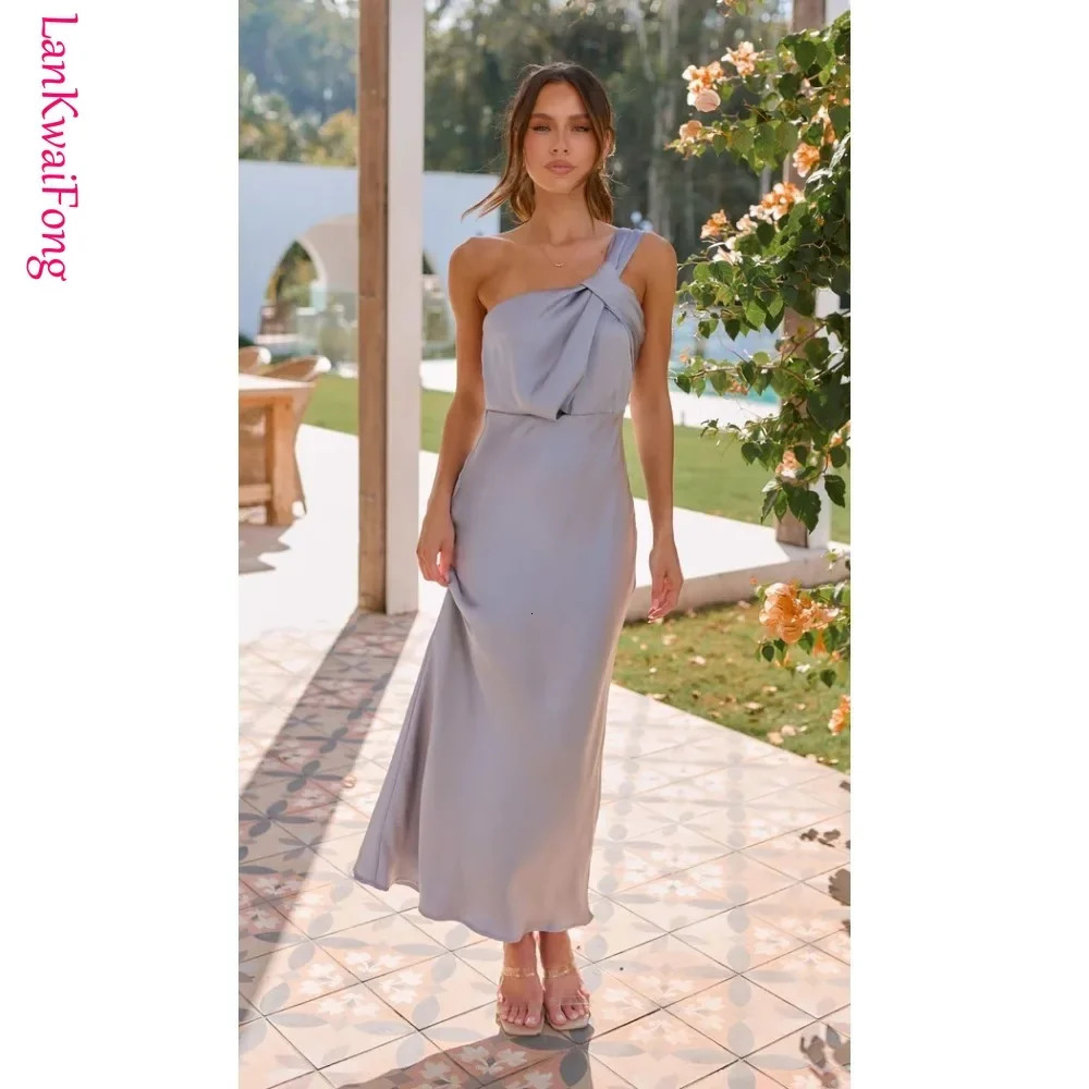 LKF 24 elegant single shoulder solid color bra A-line dress ultra-thin fit fashionable party MIDI evening dress 250226