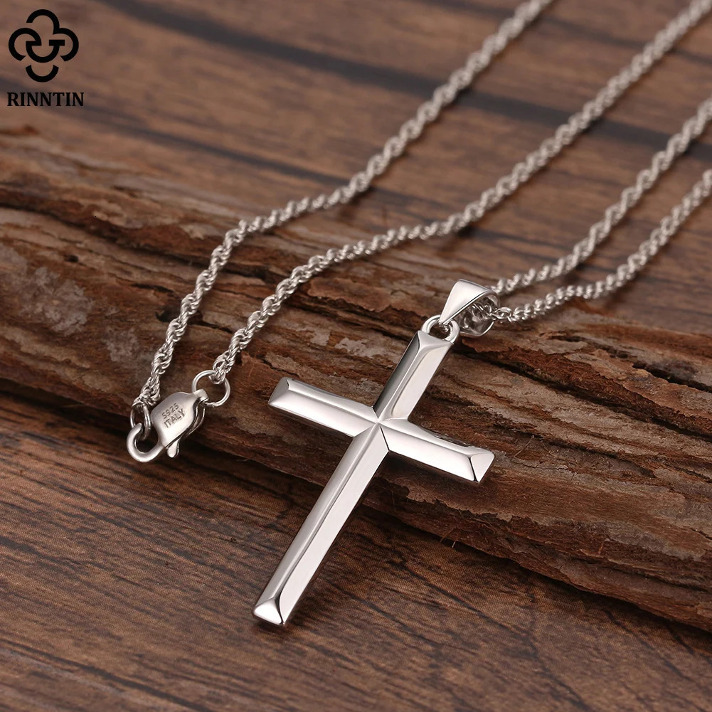 Rinntin 925 Sterling Silver Simple Cross Pendant for Women Men Pure Silver Fashion Christian Religious Jewelry Chain Gift SNMN01 250227