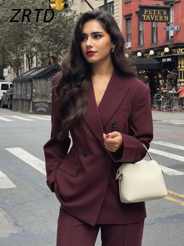 Vintage Womens Burgundy Blazers Elegant Lapel Double Breasted Pocket Full Sleeve Suit Jacket Autumn Lady Office Outwear 250226