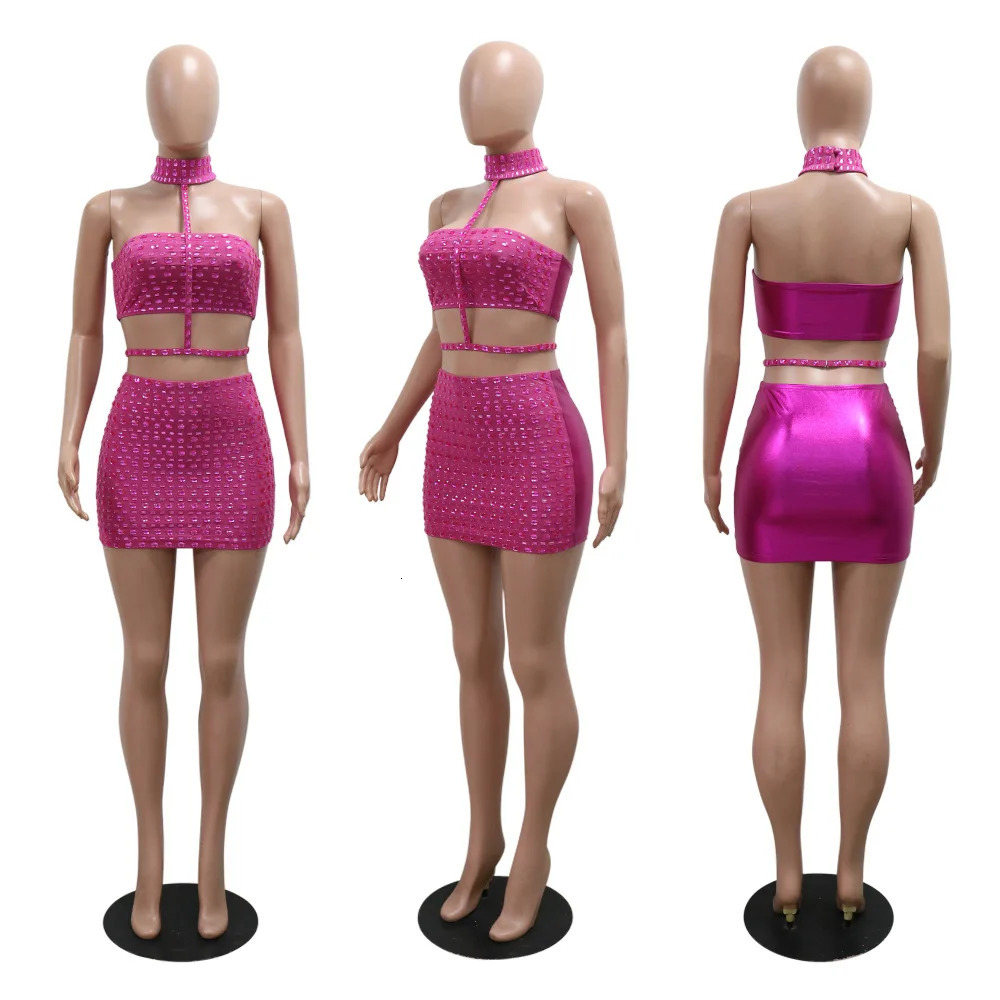 CM.YAYA Women Set Rhinestones Sexy Mini Skirt Suit and Choker Crop Top Strapless Two 2 Piece Set Party Club Night Outfits 250226