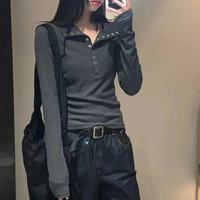 Fall Winter Long Sleeve Knit Pullovers Woman Y2K High Street Button Up Sweaters for Women Vintage Gray Ribbed Bottoming Tops 250227