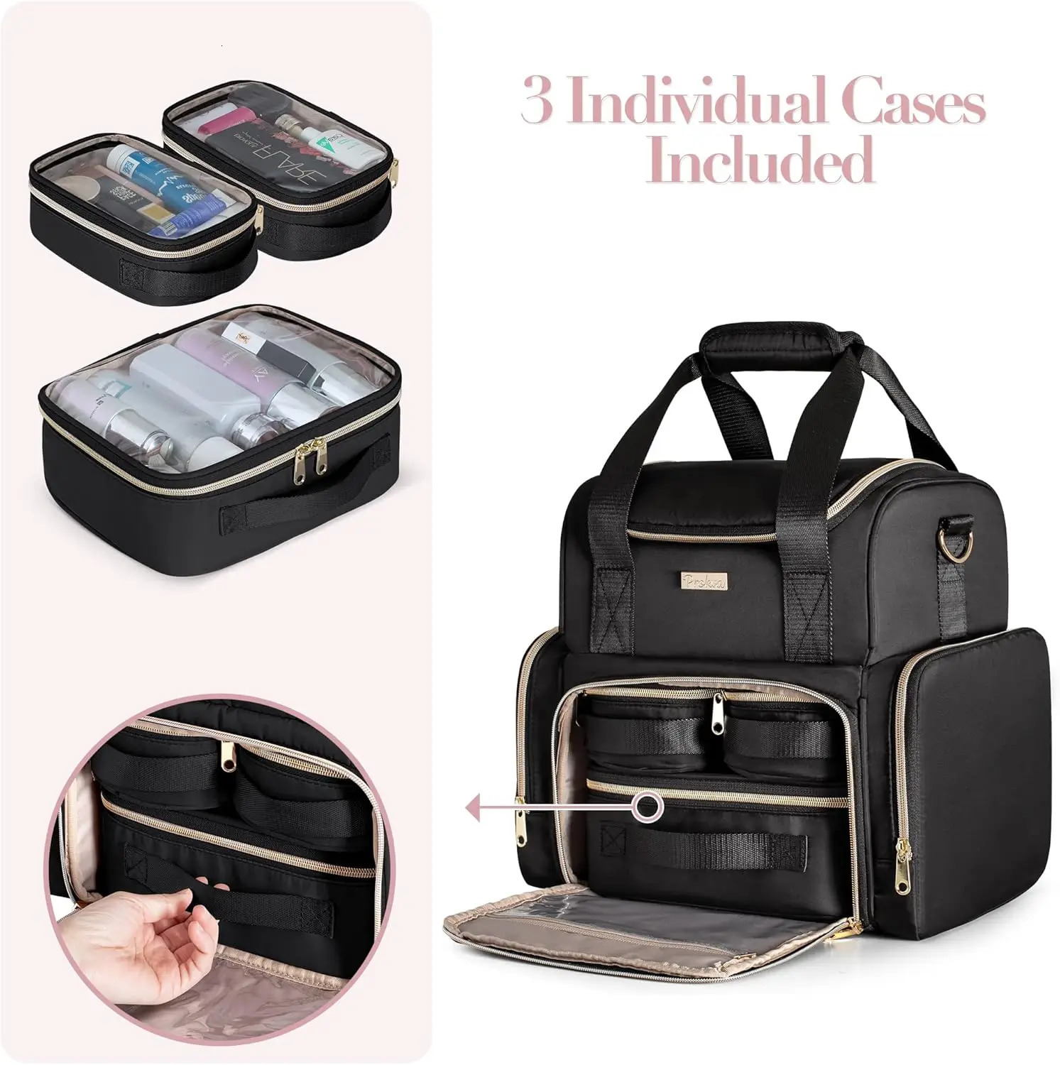 Ship from US Large Cosmetic Bag with 3 Removable Case Double Layer Travel Organizer Inner Dividers and Makeup Brushes Storage Section 250227FBB
