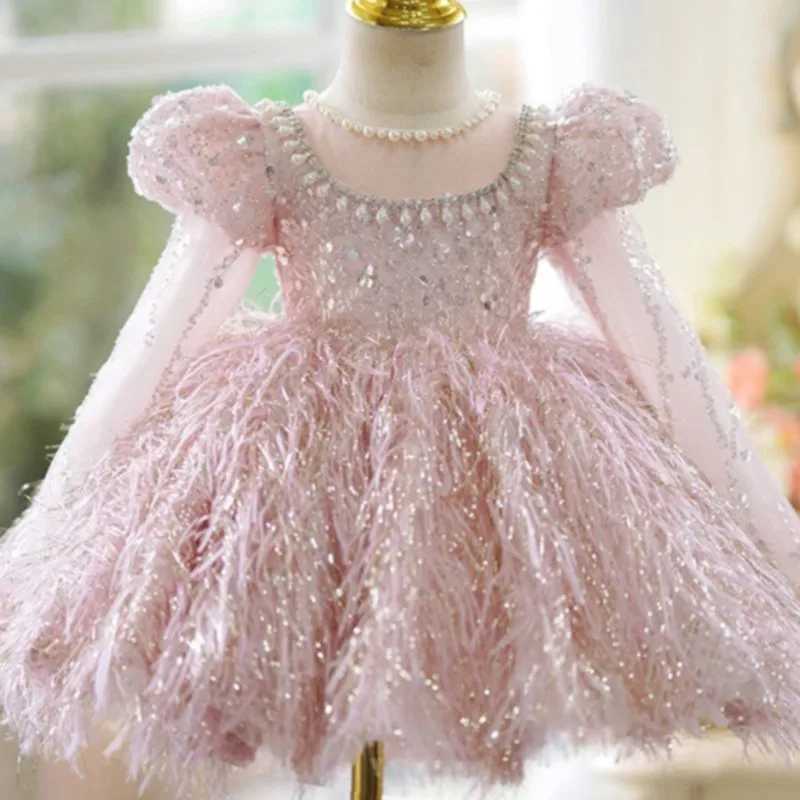 Girl's Dresses Fashionable baby girl princess sequined feather dress with fluffy sleeves childrens pearl Visconti party baby clothing 2-14Y Y2502