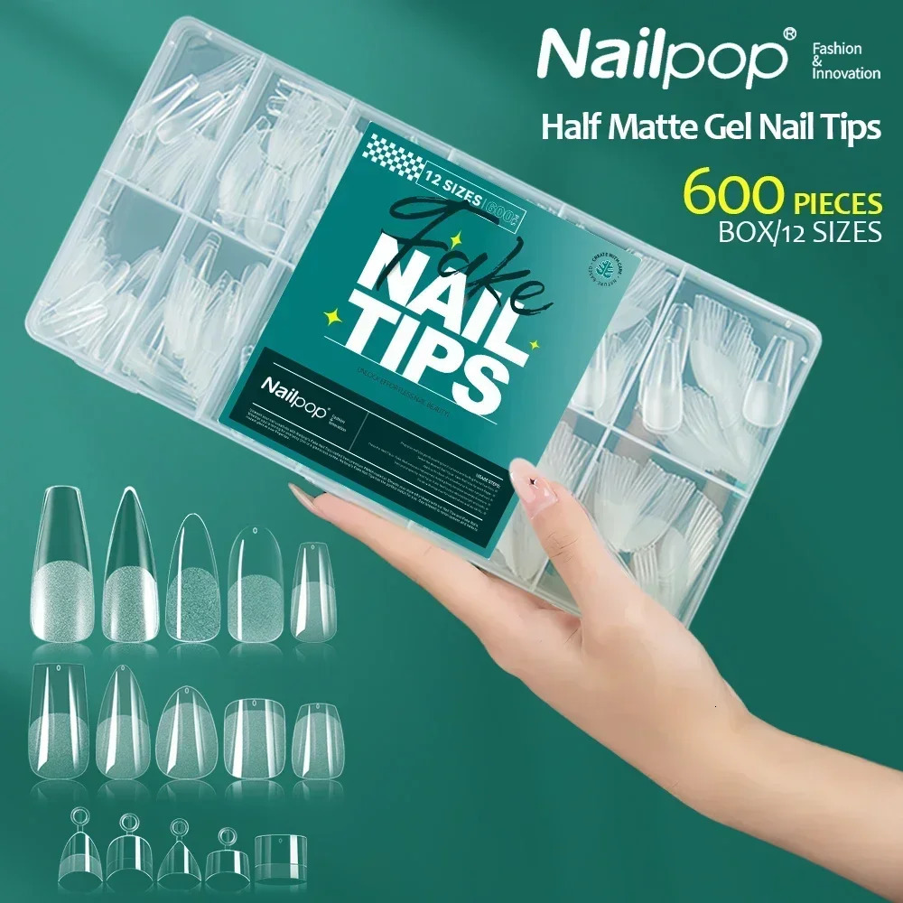 NAILPOP soft gel nail tip 600PCS pre buffered full cover Coffin almond oval semi matte X false 250217