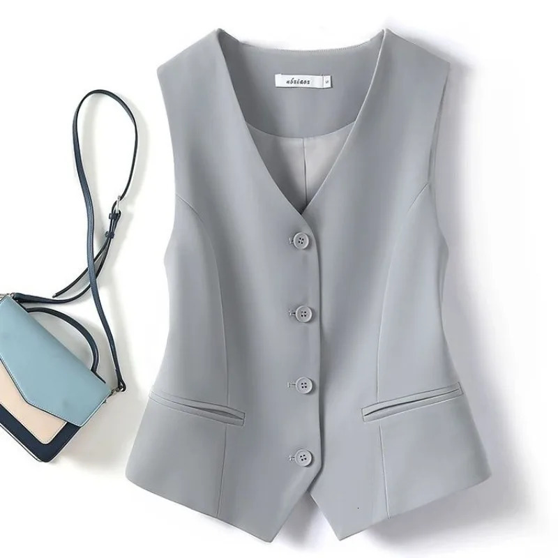Suit Vests Women Simple Single Breasted Vneck Sleeveless Coats Daily Outwear Aesthetic Korean Style Slim Allmatch Trendy 250226