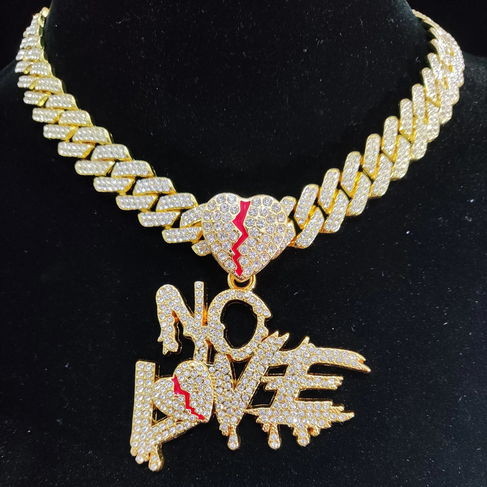 Men Women Hip Hop No Love Heart Pendant Necklace with 14mm Cuban Chain HipHop Iced Out Bling Hiphop Necklaces Fashion Jewelry 250227