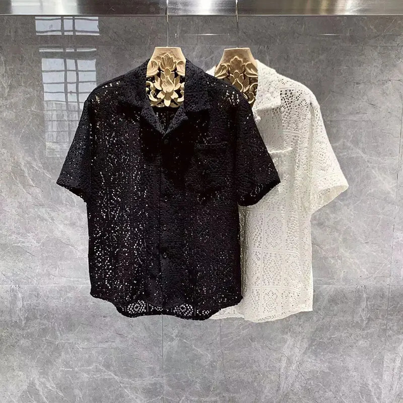 Elegant Fashion Harajuku Slim Fit Male Clothes Loose Casual Sport All Match Shirt Square Neck Hollow Out Button Pockets Blouse 250222