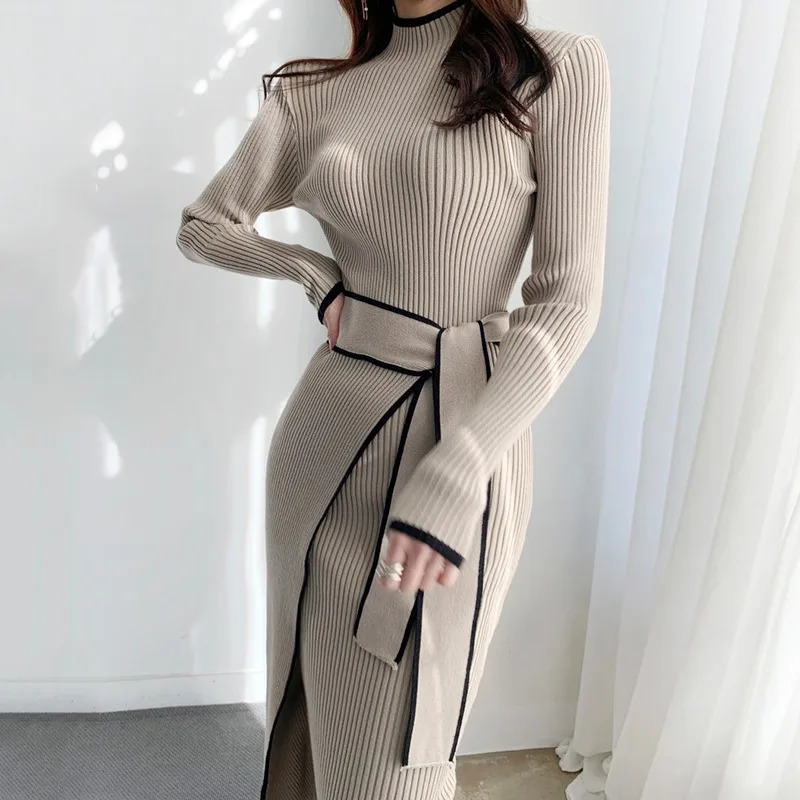 YuooMuoo Elegant Lace Turtle Neck Knitted Long Dress Korean Fashion Khaki Black Rib Bandage Tight Sweater Robe Women 250226