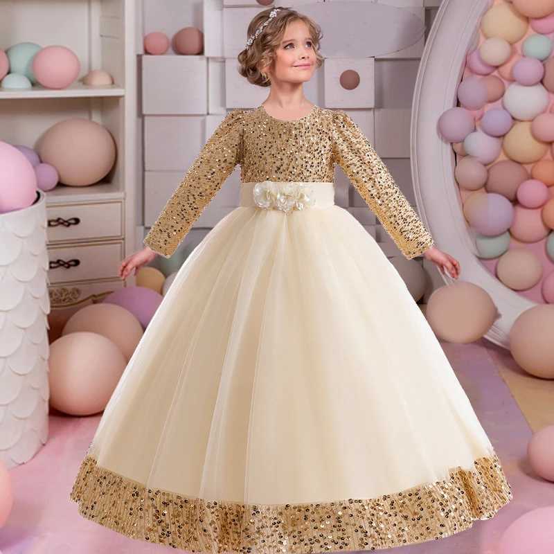 Girl's Dresses Teenagers formal evening dress girls clothing long sleeved sequins Christmas wedding party dress girls princess dress Y250227P7TY