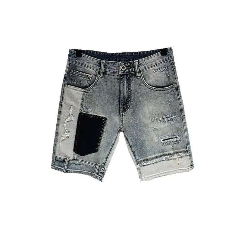 New Style Clothes Korean Clothing Men's Knee-Length Spliced Cowboy Denim Shorts Stretch Casual Short Jeans Man