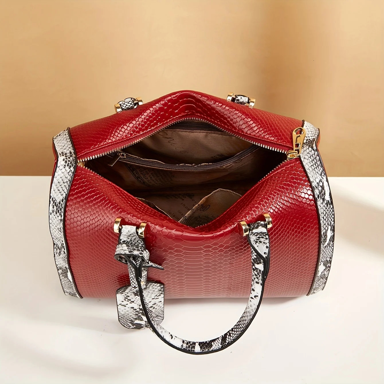 Ship from US Portable Boston Bag Snake Pattern Large Capacity Crossbody Solid Color Zipper Handbag 250227FBB