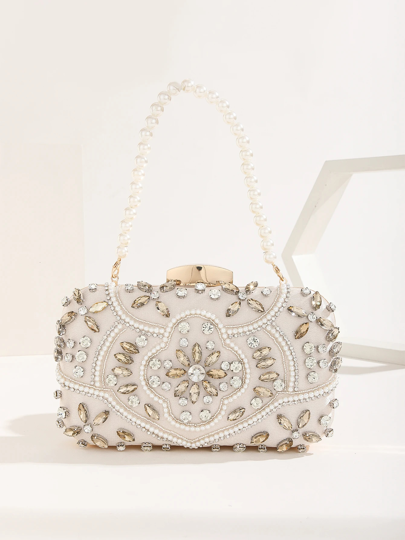 Gorgeouselegance handmake pearl diamondstudded rhinestones beaded flower pattern hand party wedding evening clutch bag 250226