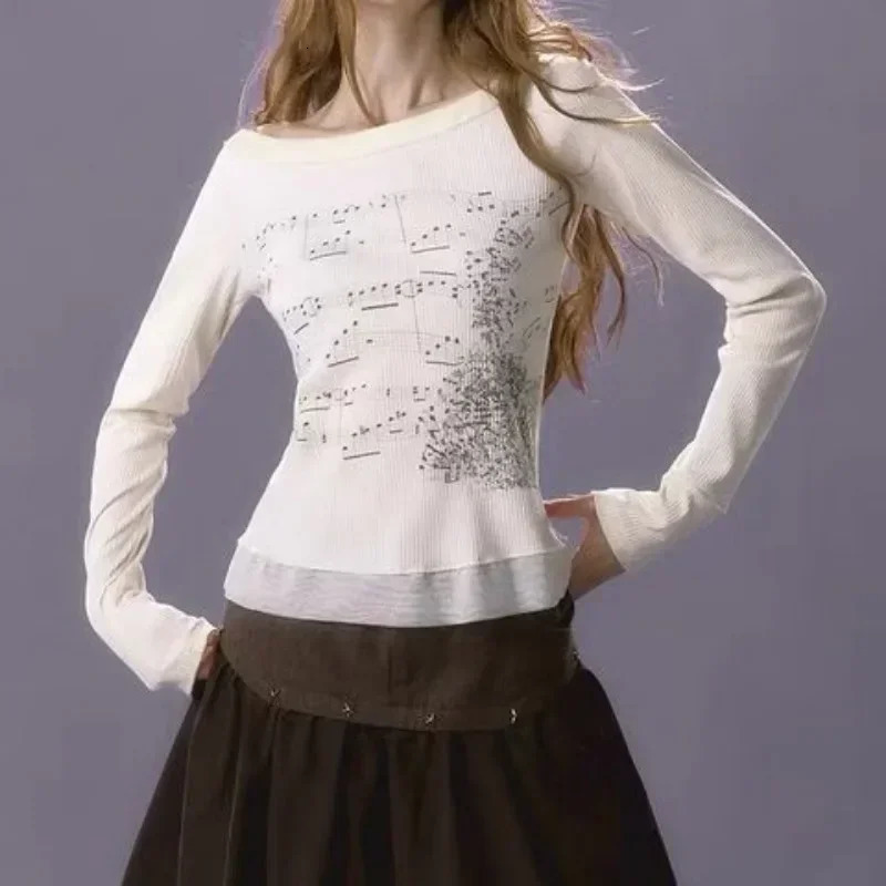 Womens long sleeved shirt cotton Tshirt music printing Y2k graphic trend slim womens fairy clothing EGirl 250226