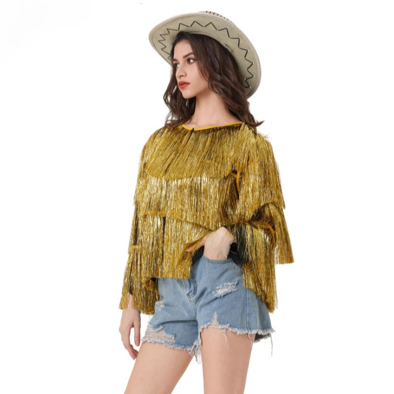 y womens silver gold silk tassel jacket multilayer pleated long sleeved spring summer Halloween cardigan woolen sweater dance top 250227