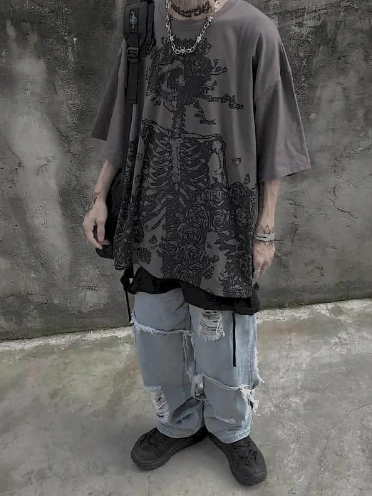 Men T-shirts Summer Streetwear High Street Gothic Skull Tshirt Loose Oversized Short-sleeved T shirt Dark Anime Men Y2k Top 250226