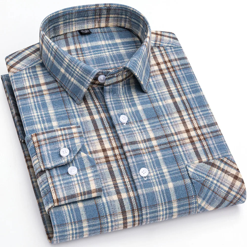 Plaid Shirt SpringSummer Fashion 100% Cotton Long Sleeve Flannel Red Checkered Casual Soft Formal Brushed Mens Top 250226