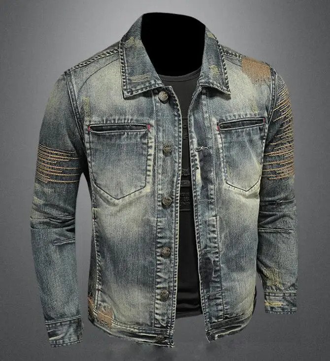 Riding Biker Denim Jacket Mens Retro Slim Cowboy Jacket Youth High Street Ripped Patch Denim Outerwear 250225