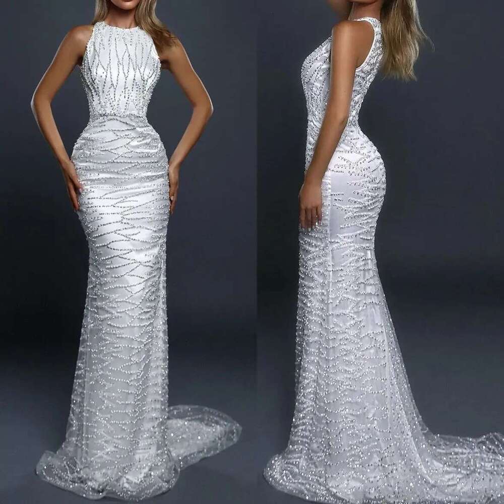 Sleeveless Mermaid Dresses with Neck Pearls, Zipper Wedding Dresses, Tulle and Satin, Custom Design, Exquisite
