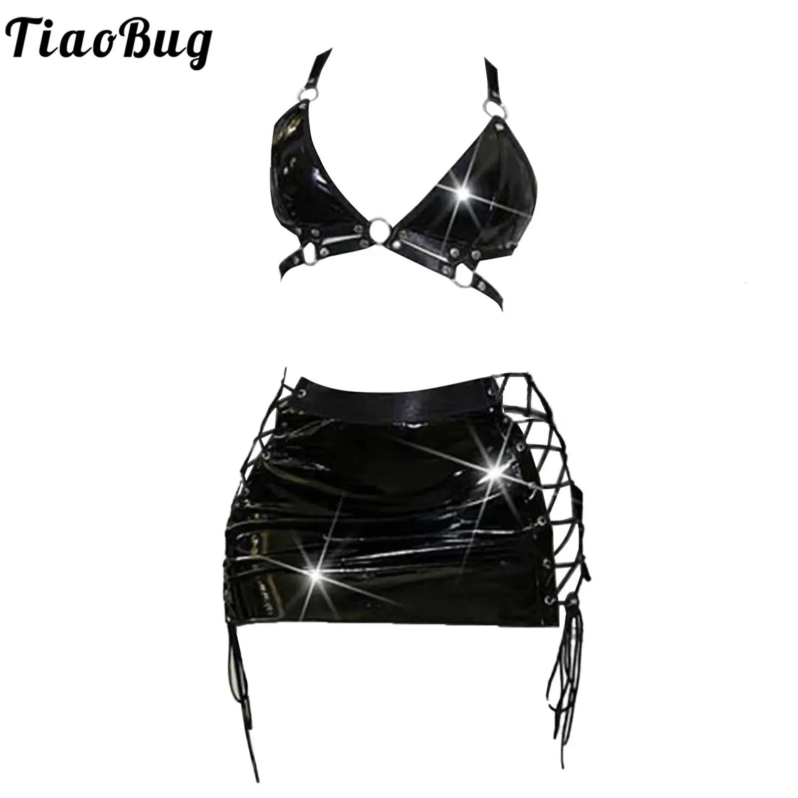 Womens 2Pcs Patent Leather Outfits Halter Neck Backless Bra Crop Tops with Bodycon Skirts Club Wear Rave Dance Party Dresses 250226
