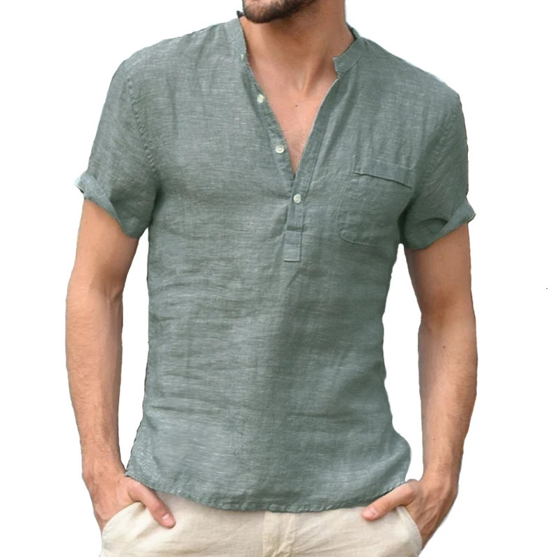 Summer Fashion Cotton Linen Casual T-Shirts Casual Male Short Sleeve V-Collar Breathable Mens Tee Button-up T S-5XL 250224