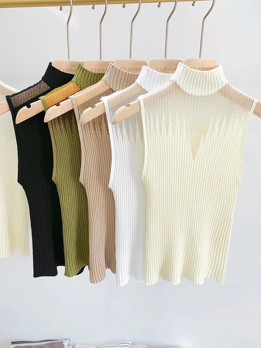 Mesh Knitted Top Women Y2K Tank Top Half Neck Vest Female Sleeveless Sweater Chic Cut Out Streetwear Solid Skinny White Tube Top 250226
