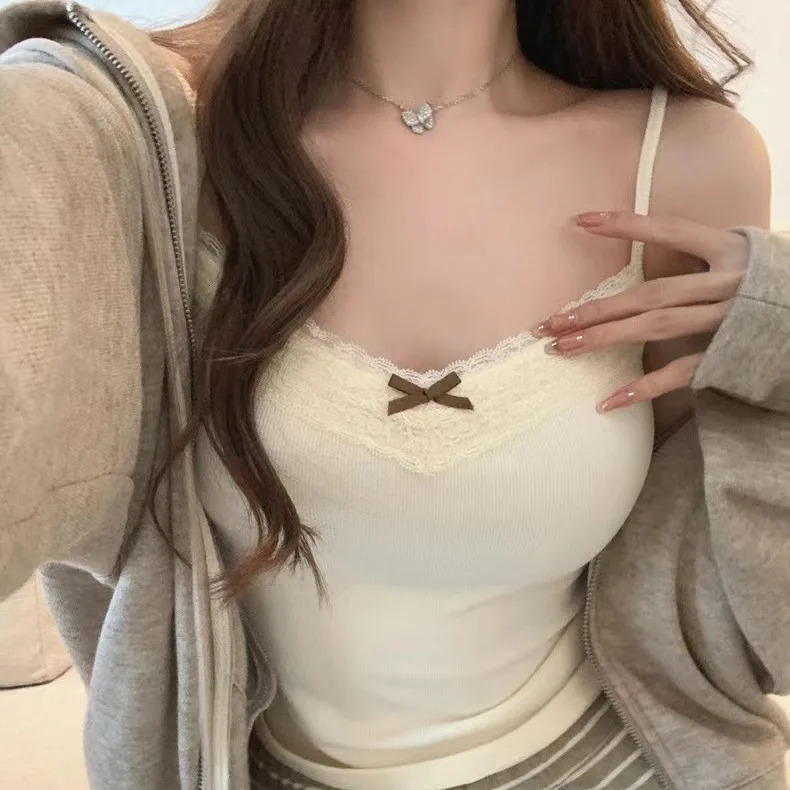 Y2k Bow Knitted V Neck Mini Vest Summer Lace Crop Top Women Cute Basic Camis Harajuku Sweats Chic Aesthetic Korean Tee Coquette 250224Z
