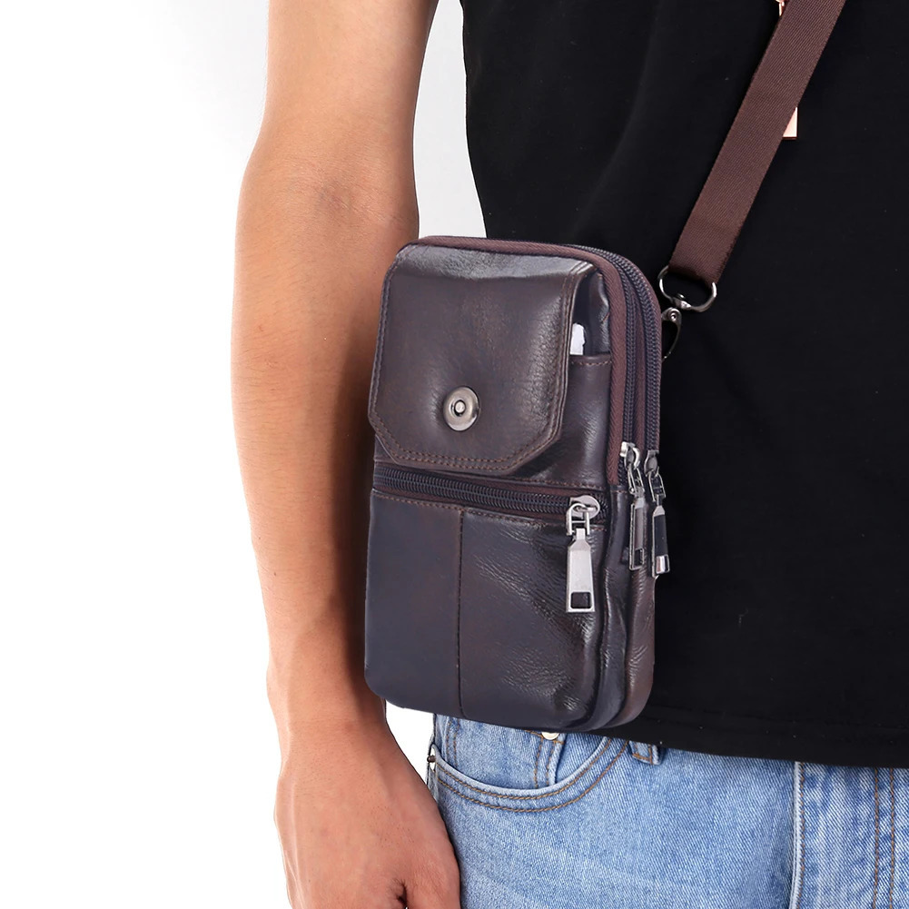Ship from US Fashion Mens Messenger Bag Cowhide Leather Mobile Phone Shoulder Small Travel Waist MultiPockets Male Chest 250227FBB