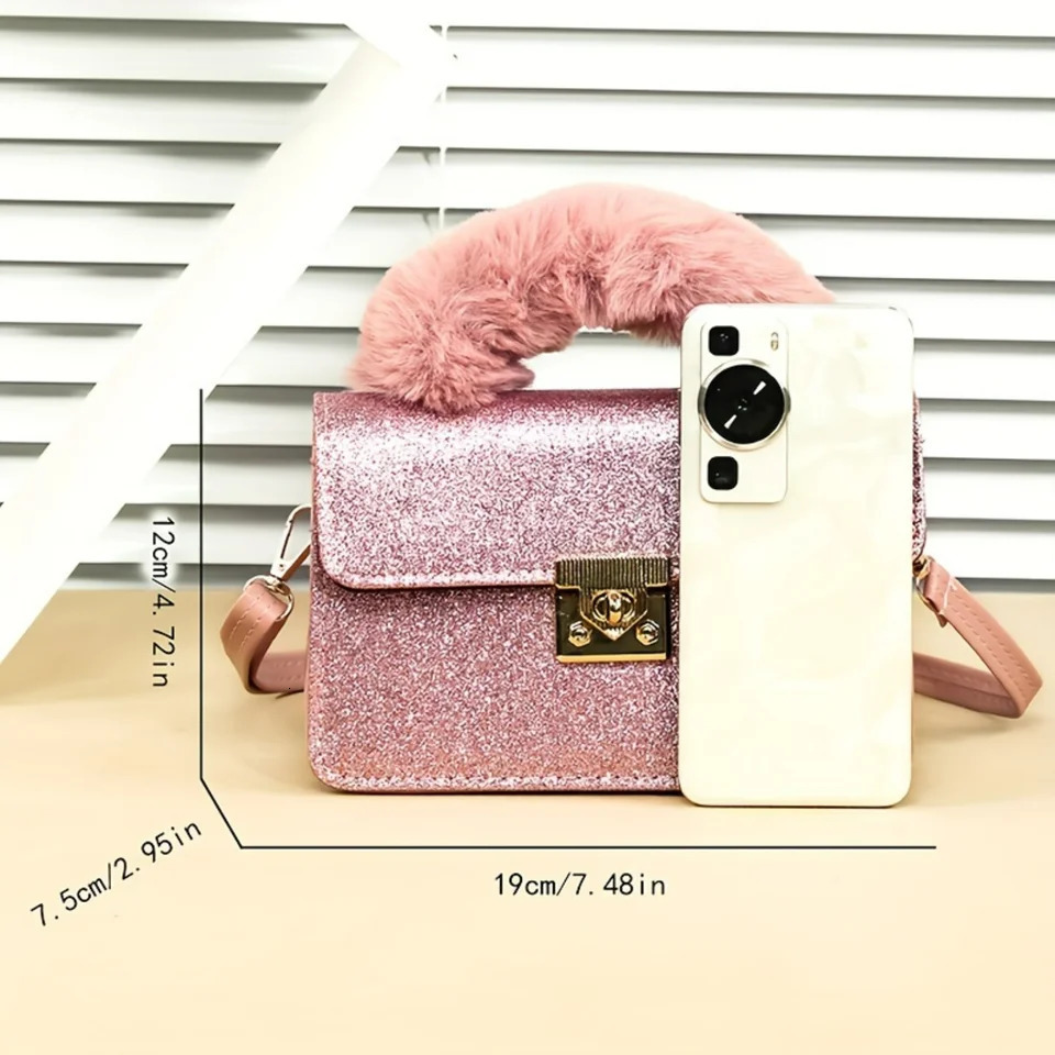 Ship from US Trendy Glitter Handbag Women Sequins Crossbody Bag Cute Plush Handle Purse Carnival Mardi Gras Music Festival 250227FBB