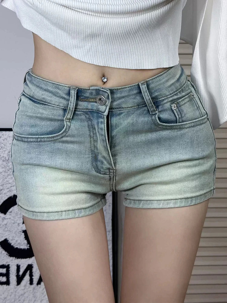 Summer Vintage Washed Distressed Sexy Shorts for Women Blue Basic Button Simple Casual Fashion Slim XS-XL Female Jean Shorts 250225